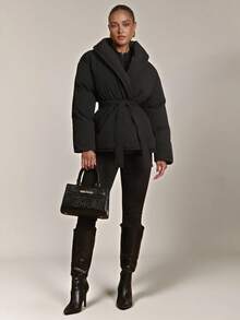 Silquee 女士纯色交叉裹身保暖棉服，冬季时尚女士冬季外套 - 黑色 - 查看 1