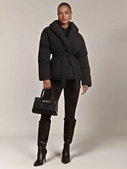 Silquee 女士纯色交叉裹身保暖棉服，冬季时尚女士冬季外套