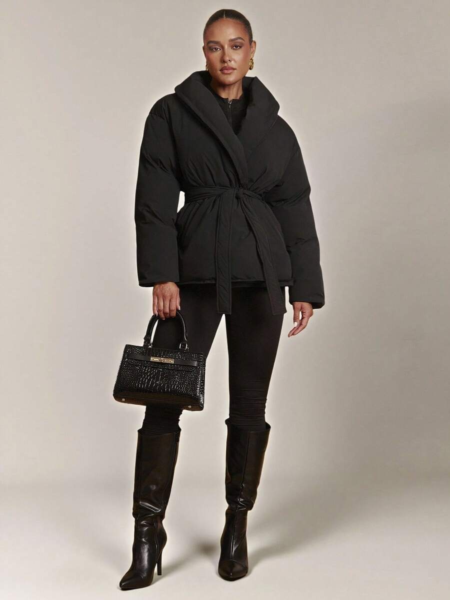 Silquee 女士纯色交叉裹身保暖棉服，冬季时尚女士冬季外套 - 黑色 - 查看 1