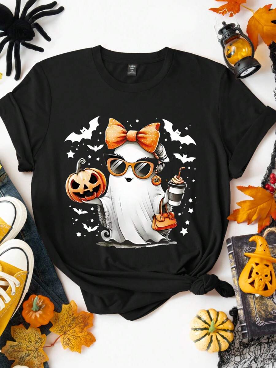 EMERY ROSE Halloween Cute Ghost & Pumpkin Graphic Round Neck Short Sleeve Fashion T-Shirt For Women - Black - View 1