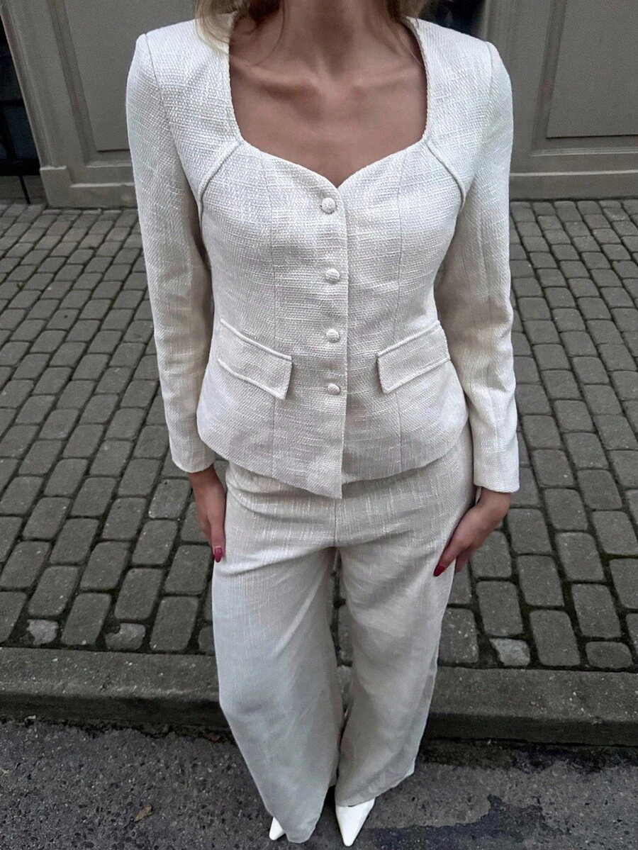 Zielony 女士优雅两件套：长袖单排扣夹克和裤子，秋季 - 杏色 - 查看 1