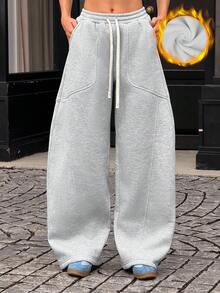 Jouncy Simple Casual Solid Color Elastic Waist Drawstring Sweatpants, Suitable For Everyday Wear Fall Cloth For Women