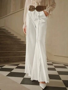 SHEIN Unity Pantaloni eleganti, romantici e alla moda per le donne, con design di orlo sfrangiato e gamba dritta, abiti adatti per il Capodanno - Bianco - Visualizzare 7