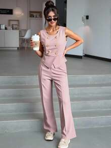 SHEIN 少女休闲优雅简约通勤上衣和长裤两件套 - 藕粉色 - 查看 6