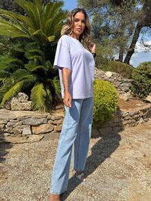 Manon Tanti Soft Oversized Crew Neck T-Shirt Spring Summer Casual Everyday Oversized Tee Airport Holiday Festival Fall Autumn Winter - Purple - View 5