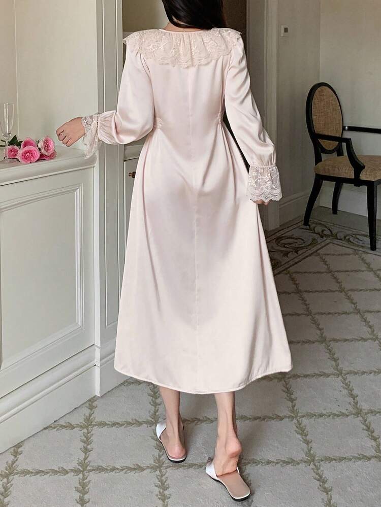 Charming Satin Lace Trim Waist Cinched Long Women Nightgown, Fall Pajama, Winter