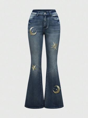 Hippie جينز نسائي كاجوال بنمط الشمس والقمر ذو قصة واسعة