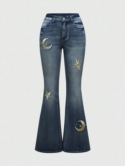 Hippie جينز نسائي كاجوال بنمط الشمس والقمر ذو قصة واسعة