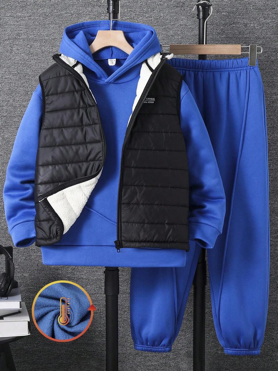 SHEIN 3件套男童连帽衫、运动裤和保暖背心套装,百搭运动服,适合秋冬季上学、聚会、度假和运动穿着。 - 藍色 - 查看 1