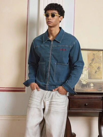 Manfinity VCAY 男士复古拉链刺绣印花牛仔夹克，时尚飞行员夹克，秋季