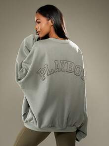 Missguided x Playboy Áo nỉ cotton oversized họa tiết in số Varsity cho trang phục thường ngày mùa thu đông ở trường học - Xám - Xem 2