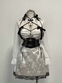 Sunspun 新款时尚设计提花拼接雪纺袖长袖改良中式旗袍裙带蕾丝蝴蝶结 - 白色 - 查看 3