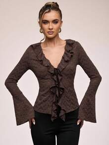 SHEIN BAE Women's Brushed Comfortable See-Through Lace Ruffle Solid Color Long-Sleeved Top,  Brown Top, Date Night S Women, Going Out , Business Casual Woman - Brown - View 5