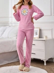 EURMUSE Ensemble de pyjama moelleux à la marguerite - Vêtements de détente côtelés en rose poudré - Rose bonbon - Voir 3