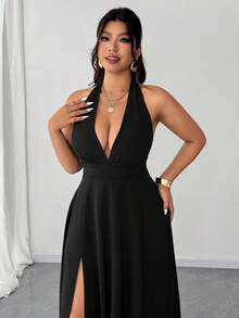 SHEIN Clasi Plus Size Women's Solid Color Deep V-Neck Slit Hem Sexy Halter Dress - Black - View 7