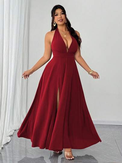 Elenzga Vestido sexy de mujer talla grande con cuello en V profundo, abertura en el bajo y escote de halter de un solo color