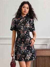 EastFlair Women's Vintage Chinese Dragon Pattern Button Design Mini Dress Chinese Knot Buttons  Chinese Style Cheongsam  Elegant  Vintage Formal Dress Short Fall Dresses Party Dress Black Dress