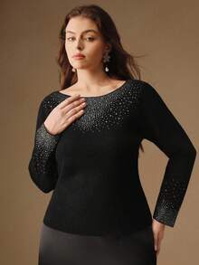 Anewsta Elegant Luxury Formal Chic Black Plus Size Rhinestone Embellished Off Shoulder Wool Sweater, Suitable For Fall/Winter, Christmas, New Year, Party - Black - View 3