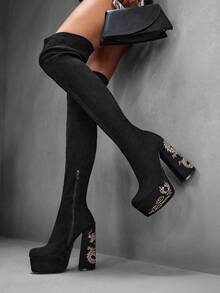 CUCCOO SZL Women's Square Toe Thick High Heel Embroidered Dragon Pattern Black Suede Elastic Fashionable Minimalist Super High Over-The-Knee Boots With Zipper For Christmas - Black - View 6