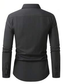 Manfinity Mode Men's Solid Color Single-Breasted Pocket Long Sleeve Casual Shirt, For Fall - Black - View 2