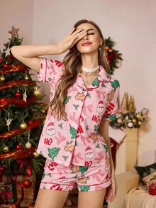 SHEIN Cardigan com gola babada e estampa de elementos natalinos, conjunto de pijama feminino, pijama rosa de Natal, conjuntos curtos de pijama de Natal para mulheres, pijamas de Natal para mulheres, conjuntos de pijama de Natal para mulheres, pijamas de gengibre - Rosa - Ver 3