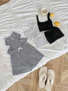 SHEIN 3件套：休闲修身仿门襟蕾丝拼布多色印花吊带短裤女童睡衣 - 彩色 - 查看 7