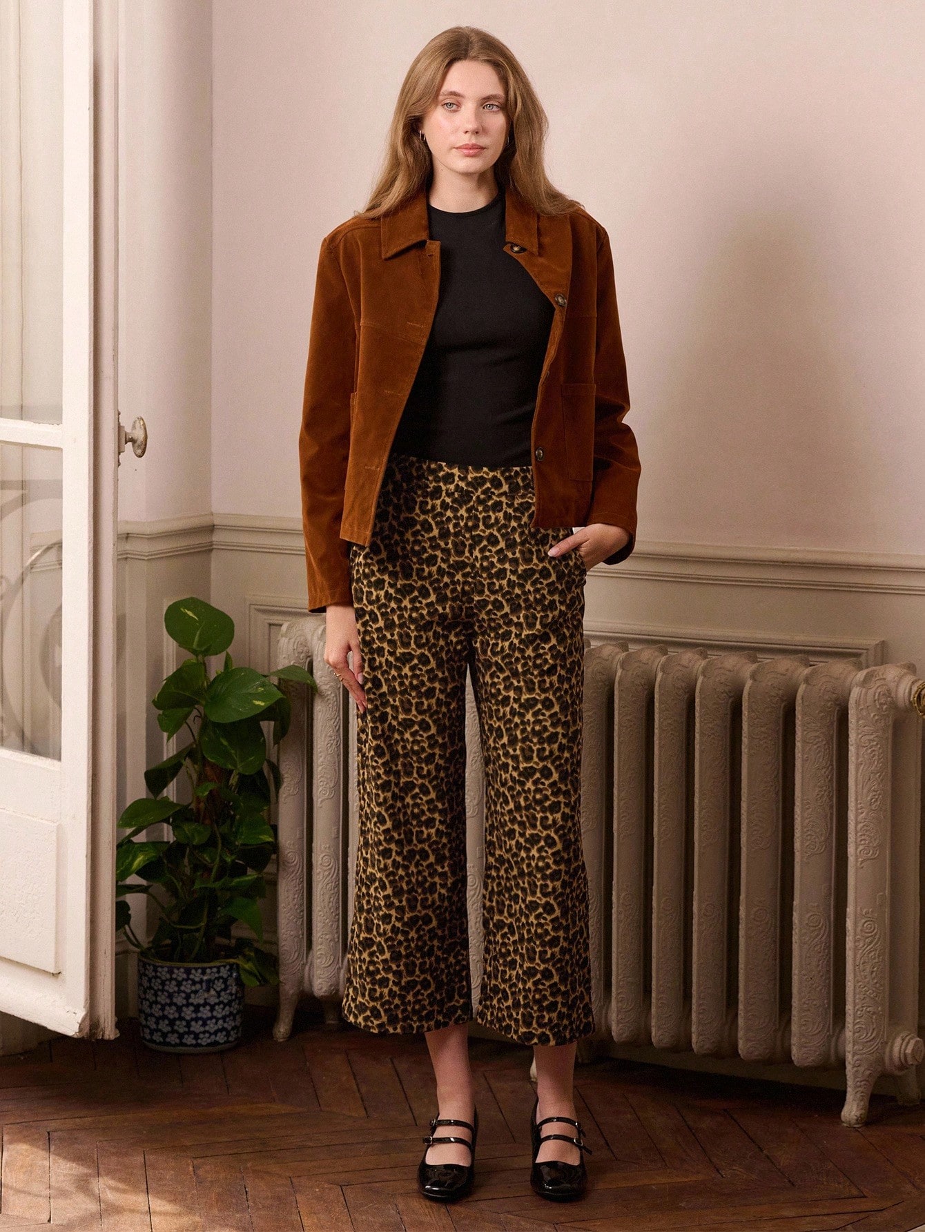 Leopard Print Corduroy Trousers With Straight-Leg Fit Spring Spring Summer Office