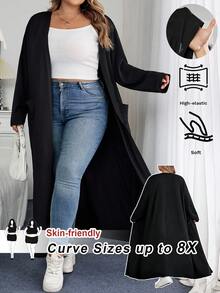 SHEIN CURVE+ Curve 大码/秋装/秋季女装/女冬装/冬装大码休闲日常纯橙色宽松口袋长款开衫毛衣外套，女装，春秋秋季女装，冬季，CURVE PLUS 大码开衫大码女装 8xl 女装 Curve 秋装 - 黑色 - 查看 8
