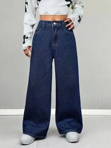 SHEIN 少女基础款休闲纯色水洗深蓝色牛仔保暖内衬宽松直筒裤，秋冬保暖穿搭 - 深色水洗藍 - 查看 4