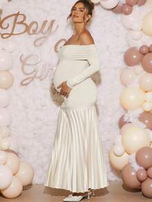 Loomaby Vestido elegante de maternidad de unicolor, con volantes, hombros descubiertos, manga larga y bajo de cola de pez ajustado - Albaricoque - Ver 3