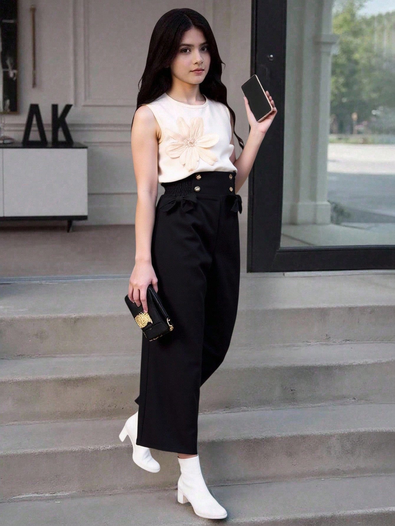 SHEIN بنطلون كاجوال بخصر عالي وتصميم فيونكة مطوية...