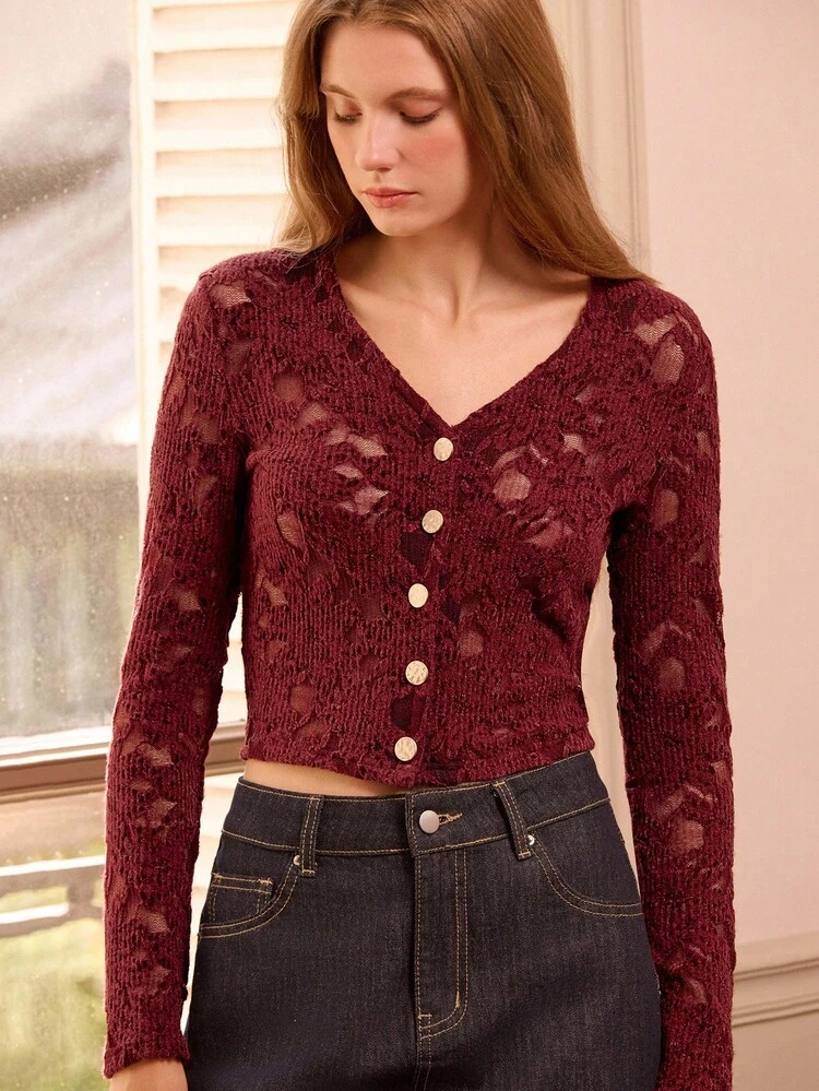 Lace Button-Up Top With V-Neck And Gold Buttons Spring Summer