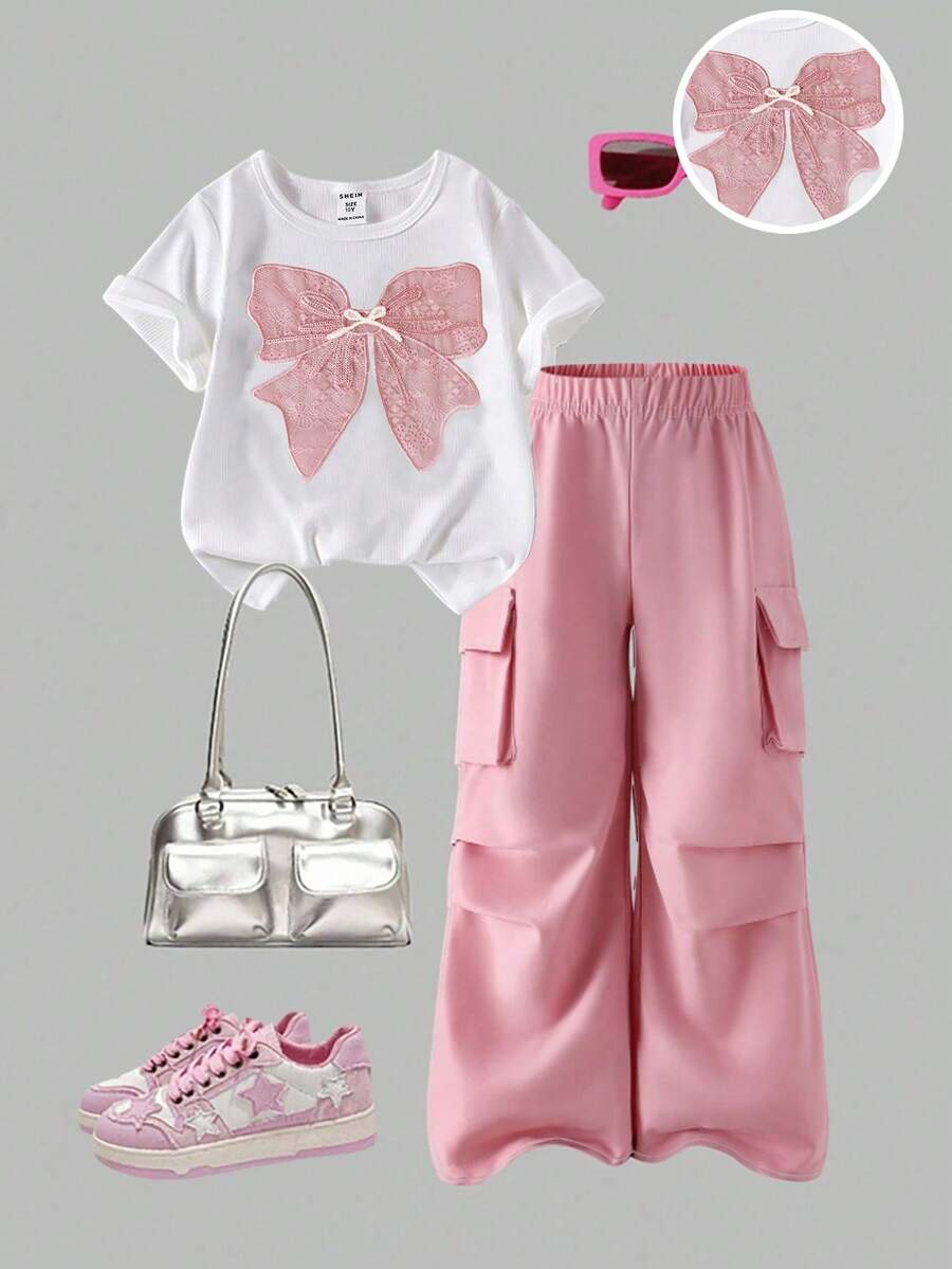 SHEIN 2pcs/Set Tween GirlsCasual Bow Embroidery Graphic T-Shirt & Utility Pants Outfit, And Fashionable For Spring And Summer, School, Campus, College Pink Bow Outfit Girl Girl Clothes Tween Pink Outfit Cute Outfits For Teens Summer Holiday