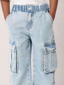 SUMWON Boys Casual Cargo Denim Jeans Retro Wide Leg Pants Utility Work Wear Streetwear Relaxed Fit With Side Pockets Fall Winter Fashion Youth Wear