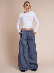 SHEIN BAE 女士秋冬休闲格子印花弹力抽绳宽松裤，格子长裤，慢跑裤，冬季长裤，阔腿裤，格子阔腿裤，女士冬季，感恩节女士，圣诞节女士，舒适秋冬女士 - 藏蓝色 - 查看 6