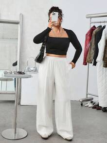 SHEIN EZwear Plus Size Solid Color Textured Loose Casual Wide Leg Pants, Autumn/Winter