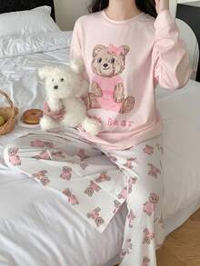 少女可爱熊印花宽松睡衣套装，休闲家居，日常穿着 - 粉色 - 查看 3