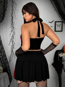 Whyspr Grunge Punk Plus Size Co-Ords Cool Flame Print Dark Party Halter Top With Mini Pleated Skirt Two-Piece Set Grunge Punk - Black - View 2