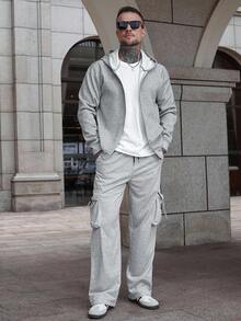 Manfinity CasualCool Ropa casual esencial para hombres, tela con textura y patrón cruzado, gran regalo para novio o esposo, sudadera con capucha con cremallera de punto de gofre gris para hombres, sudadera con capucha con cremallera, ropa de otoño para exteriores para hombres, ropa de hombre para otoño 2025 - Gris Claro - Ver 5