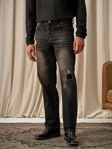 Manfinity Homme 男士复古休闲直筒牛仔裤，四季皆宜 - 黑色 - 查看 5