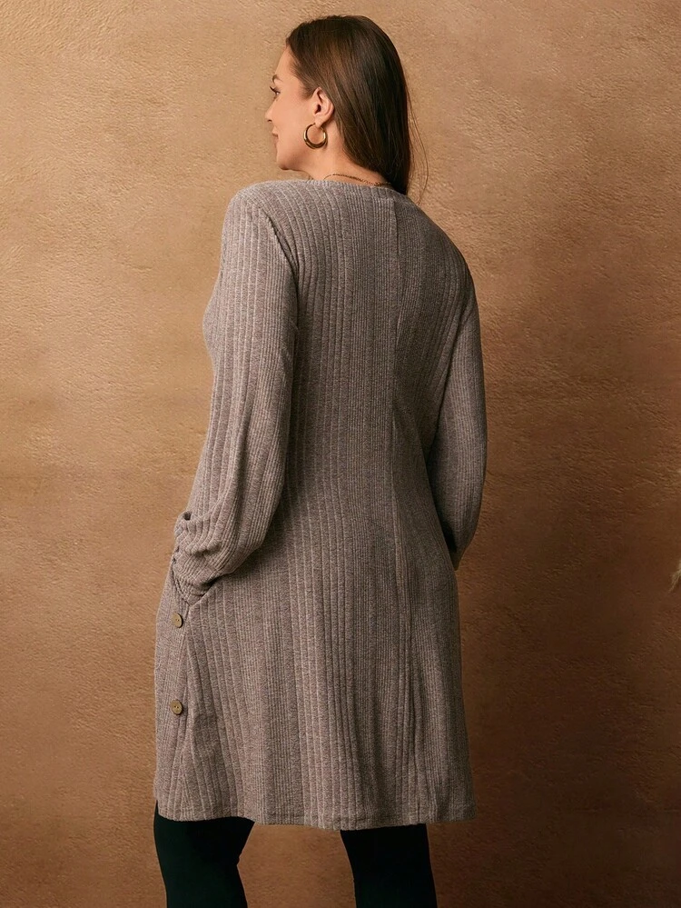 Plus Size Women's Solid Color Round Neck Regular Shoulder Long Sleeve Casual Ribbed Knit Dress Knitted Dress For Women, Autumn/Winter,2025 New