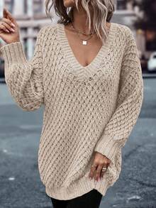 EMERY ROSE Áo len chui đầu dài tay rộng rãi, màu trơn, dáng rộng, thoải mái, đi nghỉ, mùa thu cho nữ - Màu be - Xem 6