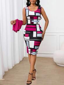 SHEIN Lady Vestido elegante de longitud media con cuello redondo, mangas 3/4, abertura lateral y ajuste ceñido con estampado geométrico para mujer