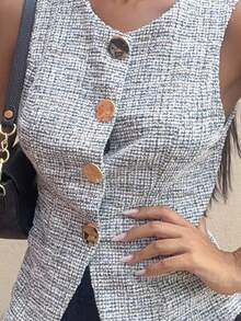 Ronhire Women's French Style Sleeveless Vest With Metal Button Shirt, Commute Wear - Multicolor - View 3