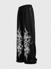 ROMWE MEN Goth Pantalones deportivos holgados para hombre con gráfico de color contrastante, estilo callejero - Negro - Ver 2