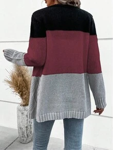 EMERY ROSE Cardigan long en tricot casual à manches longues et à simple boutonnage avec couleurs contrastées pour femmes en automne - Multicolore - Voir 2
