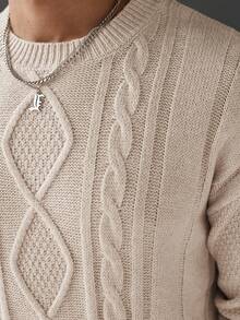 Manfinity Homme 男士休闲宽松针织毛衣，麻花图案，圆领，落肩，长袖，适合秋季穿着。男士毛衣，针织衫，麻花针织毛衣，男士套头毛衣。 - 杏色 - 查看 6