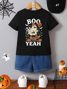 Kleine Jungen Lässig Fashion kreative Buchstaben, Kürbis, Skateboard Grafik Muster Halloween Cartoon Waschbär Muster lustiges Kurzarm Rundhals T-Shirt, geeignet für Feiertage und den täglichen Gebrauch, für Halloween Party