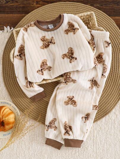 SHEIN LMoss Kids 2件套少女针织圆领休闲套头毛衣和裤子家居服套装