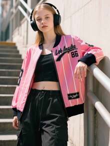Chaqueta de béisbol casual de niña con contraste de color y flores 3D, adecuada para primavera y otoño - Rosa - Ver 4
